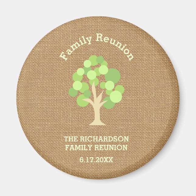 Imán Árbol verde rústico y reunión de la familia Burlap (Frente)