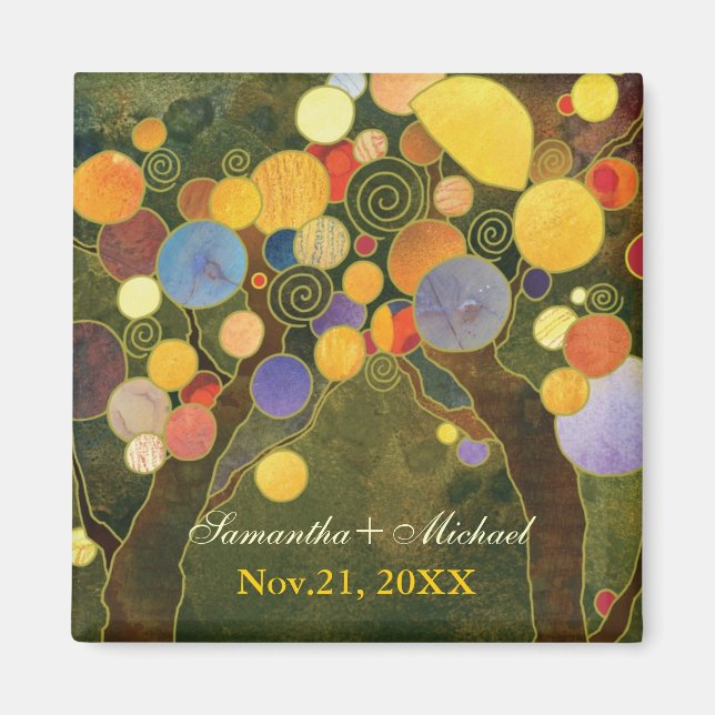 Imán Árboles de amor Boda verde oliva salva la fecha (Frente)