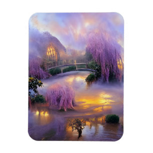 Imán Árboles frutales rosas al atardecer junto al estan