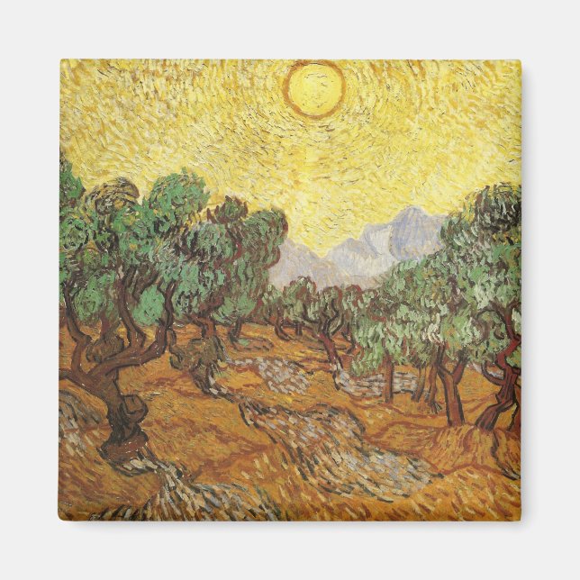 Imán Árboles olivos Bella Artes de cielo amarillo y sol (Frente)