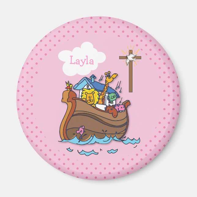 Imán Arca de Noé personalizable Bautizo de bebé, niña r (Frente)