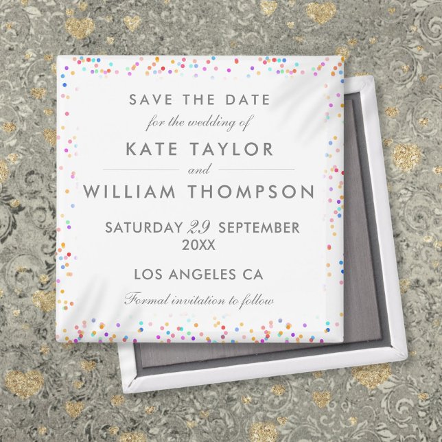Imán Arcoíris Colorido Confeti Boda Guardar La Fecha (Colorful Rainbow Confetti Wedding Save The Date Magnet)