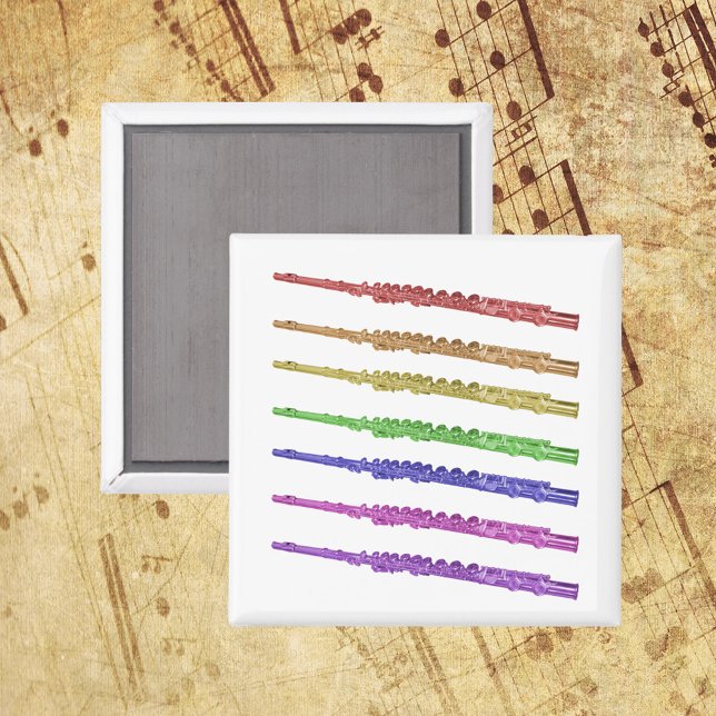 Imán Arcoiris de música fluida (A magnet with red, orange, yellow, green, blue, pink and purple flutes.)