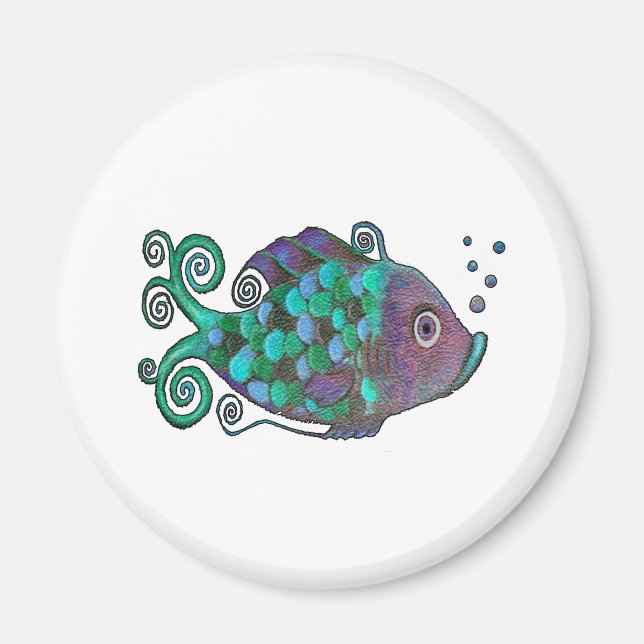 Imán Arcoiris Whimsical Pescado Azul & Morado Hue Art (Frente)