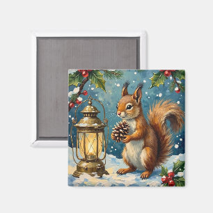 Imán Ardilla vintage con linterna de Navidad de inviern