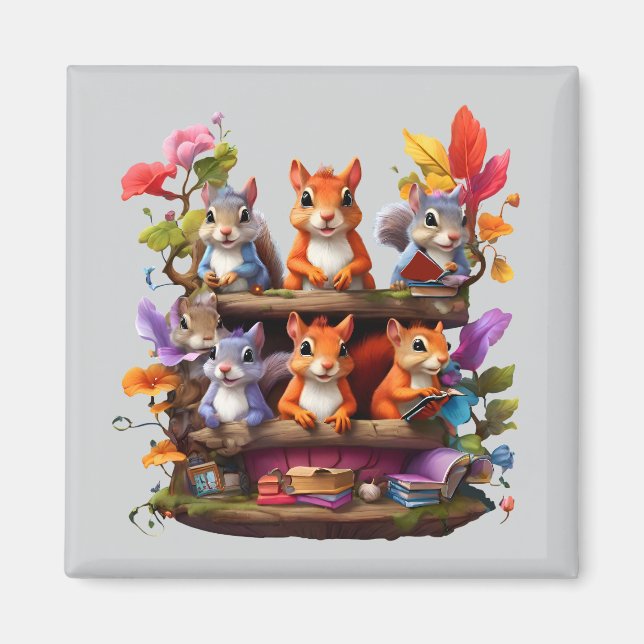 Imán Ardillas En Una Librería De Madera (Frente)