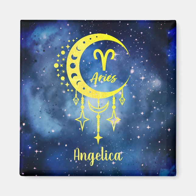 Imán Aries con nombre personalizado amarillo y azu (Frente)