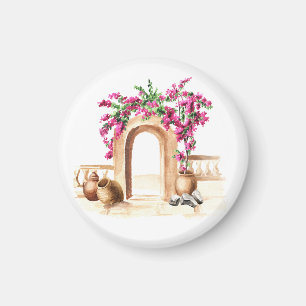 Imán arquitectura mediterránea, flores, acuarela, h