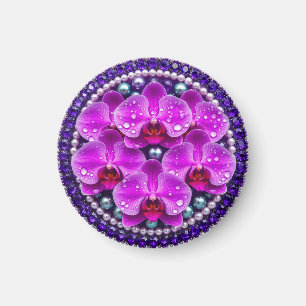 Imán Arreglo floral de orquídea púrpura circular