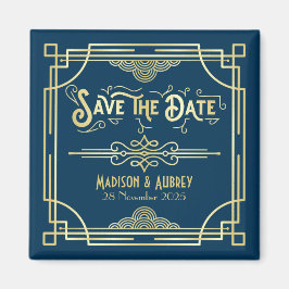 Imán Art Deco Boda Elegant Gold Blue Save the Date