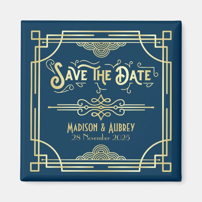 Imán Art Deco Boda Elegant Gold Blue Save the Date (Frente)