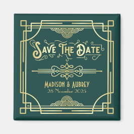 Imán Art Deco Boda Elegant Gold Green Save the Date
