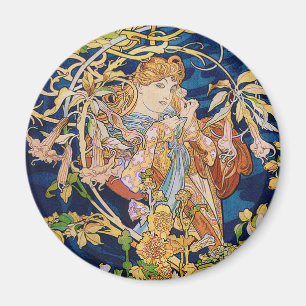 Imán Art Nouveau de Mucha: Mujer con Daisy