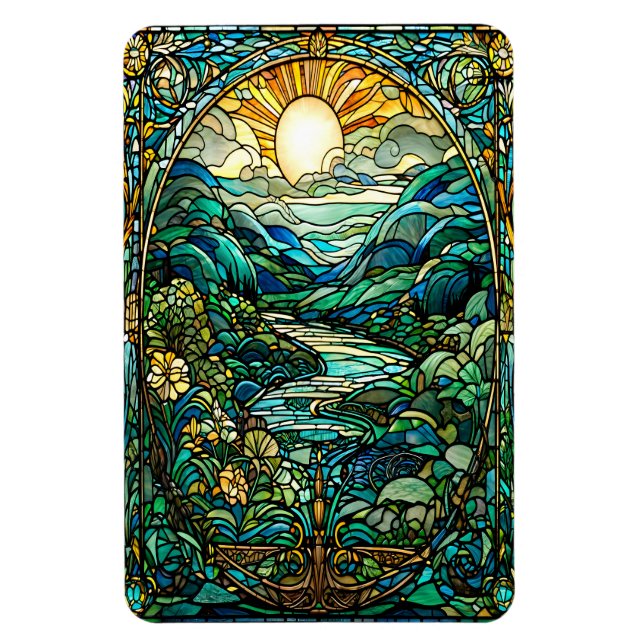 Imán Art Nouveau Stained Glass Sunrise Art (Vertical)