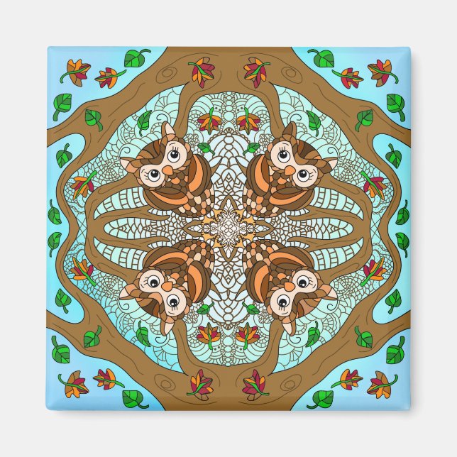Imán Art Owl Mandala dibujado mano (Frente)