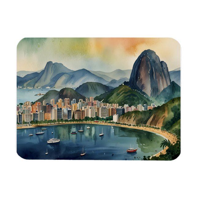 Imán Arte acuarela de Río de Janeiro (Horizontal)