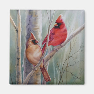 Imán Arte acuarela del par de pájaros rojo cardenal no