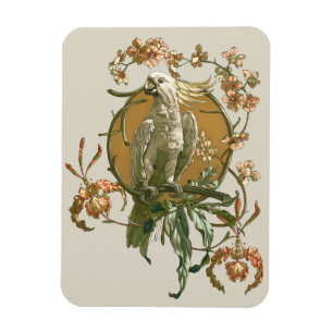 Imán Arte antiguo modernista, loro cacatúa, flores de o