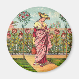 Imán Arte Antiguo Mujer Flor Creciente Jardín