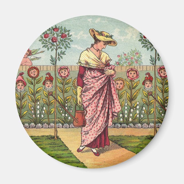 Imán Arte Antiguo Mujer Flor Creciente Jardín (Frente)