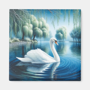 Imán Arte de Acuarela Cisnes Blancos Sauces Llorones