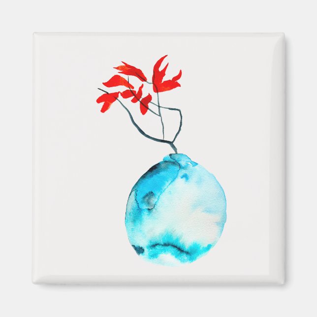 Imán Arte de acuarela con jarrón azul de Ikebana (Frente)