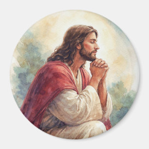 Imán Arte de Acuarela de Jesús Orando   Fe Cristiana