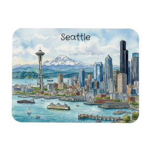 Imán Arte de acuarela de Seattle Washington Viajes Hori