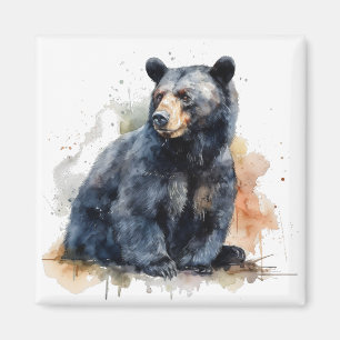 Imán Arte de bosque con oso negro en acuarela