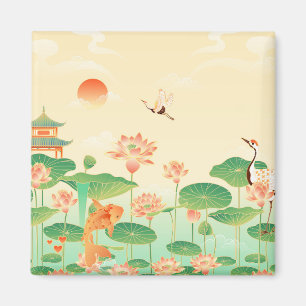 Imán Arte de estanque de koi y nenúfares de jardín japo