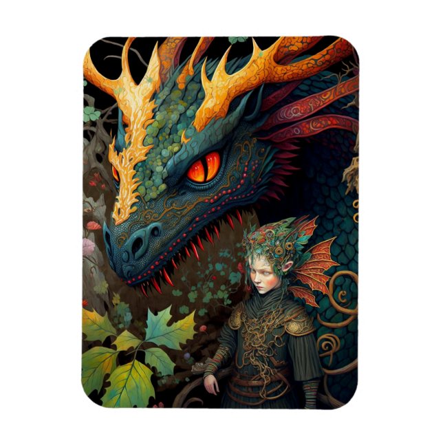 Imán Arte De Fantasía De Elf Y Dragon (Vertical)