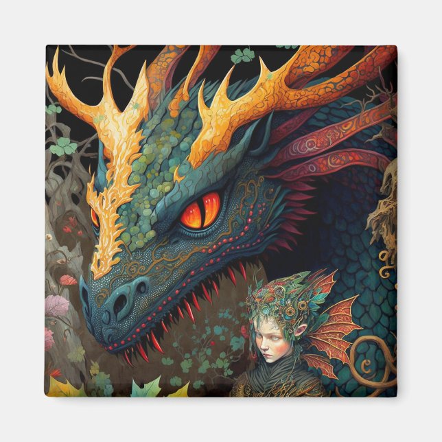 Imán Arte De Fantasía De Elf Y Dragon (Frente)