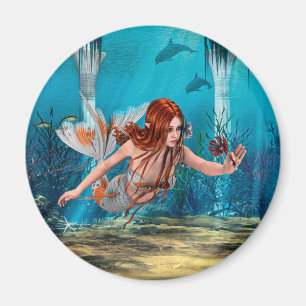 Imán Arte de fantasía de sirena de pelo rojo bajo el ag