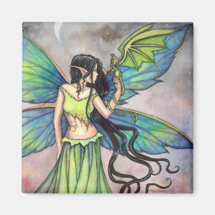 Imán Arte de fantasía del dragón verde y la hada