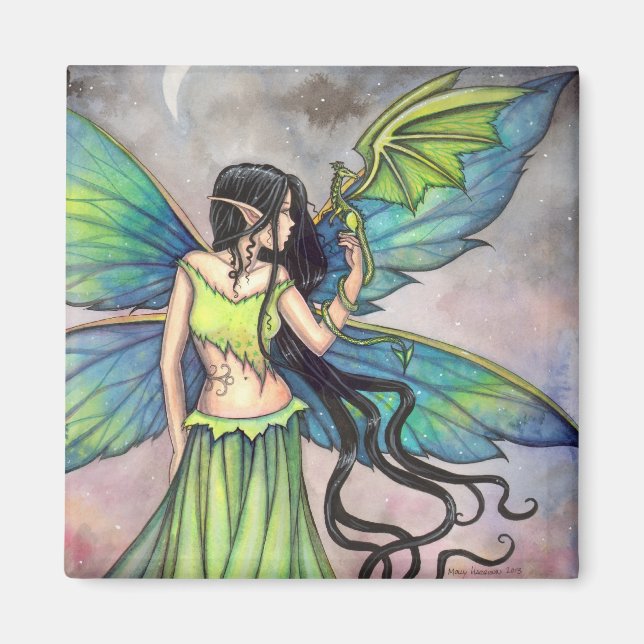 Imán Arte de fantasía del dragón verde y la hada (Frente)