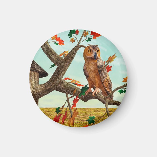 Imán Arte de fauna del arce de búho de otoño (Frente)