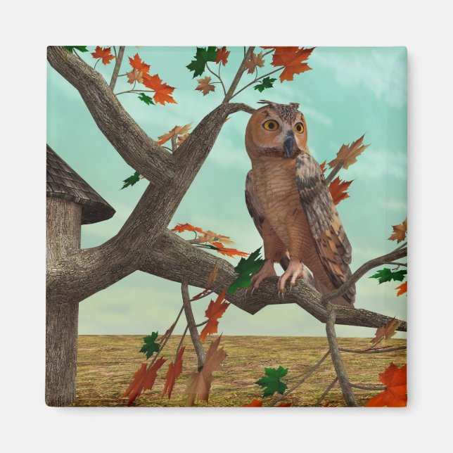 Imán Arte de fauna del arce de búho de otoño (Frente)