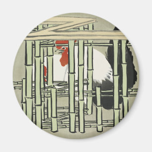Imán Arte de gallo japonés vintage detrás de una cerca