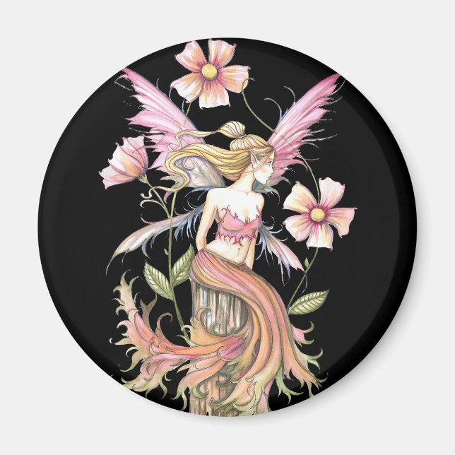 Imán Arte de hadas de flores rosadas (Frente)
