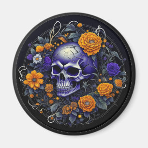 Imán Arte de IA de cráneo personalizado y flores naranj