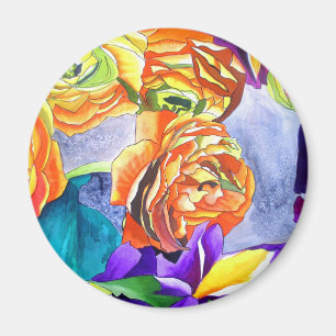 Imán Arte de la acuarela de Ranunculus e Iris