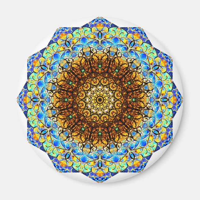 Imán Arte de Mandala azul y amarillo (Frente)