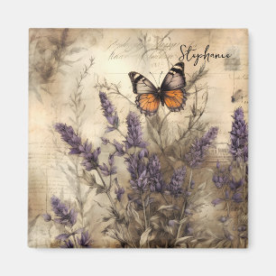 Imán Arte de mariposa lavanda vintage personalizado