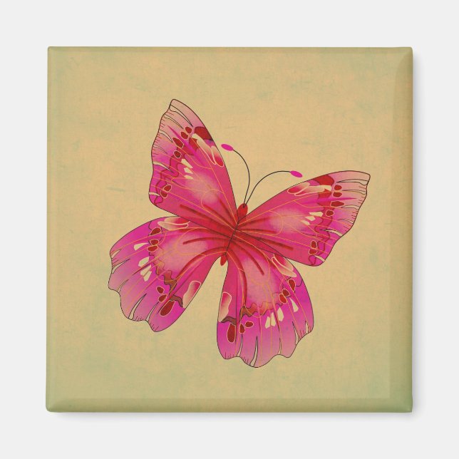 Imán Arte de mariposa oriental de color rosa (Frente)