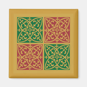 Imán Arte de mosaico rojo y verde sobre patrón de oro