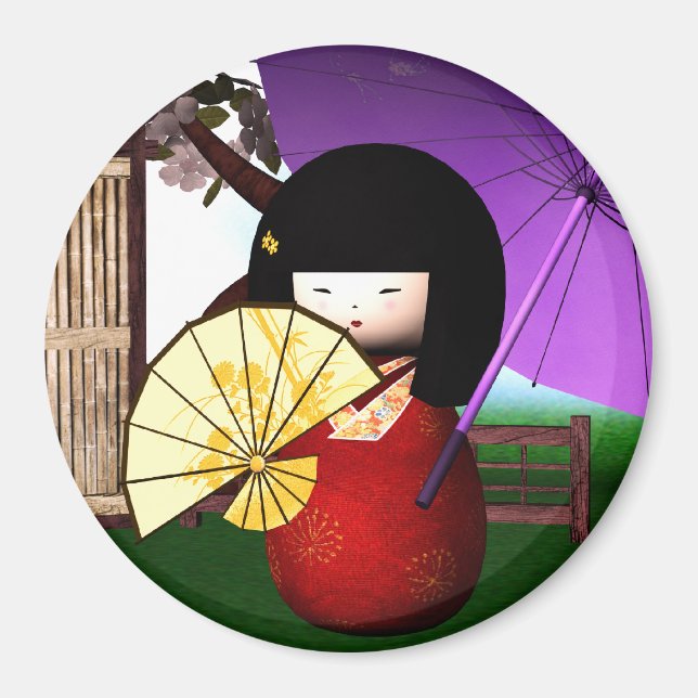 Imán Arte de muñecas de Kokeshi Rojo (Frente)