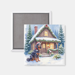 Imán Arte de Navidad de Gordon Setter Snowy Lodge Santa