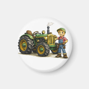 Imán Arte de niño granjero lindo con tractor verde vint