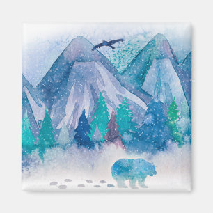 Imán Arte de paisaje montañoso invernal con acuarela az