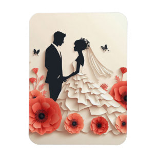Imán Arte de papel de novia y novio con flores